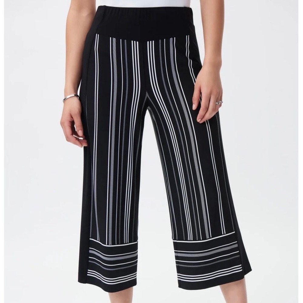 Joseph Ribkoff Black White Striped Wide Leg Cropped Gaucho Pants Size 6 Culottes